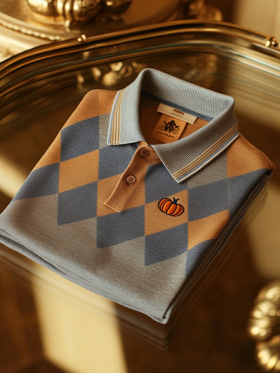 Men's Classic Business Check Halloween Pumpkin Logo Button Short Sleeve Polo Shirt