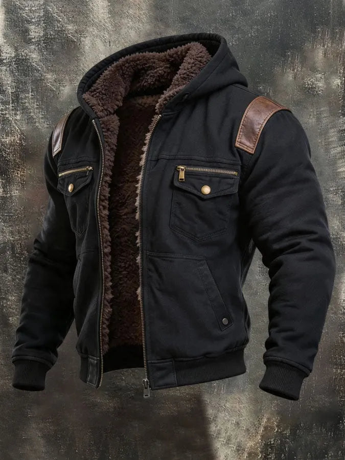 Men'S Retro Fleece-Lined Warm Utility Jacket With Leather Paneling And Hood