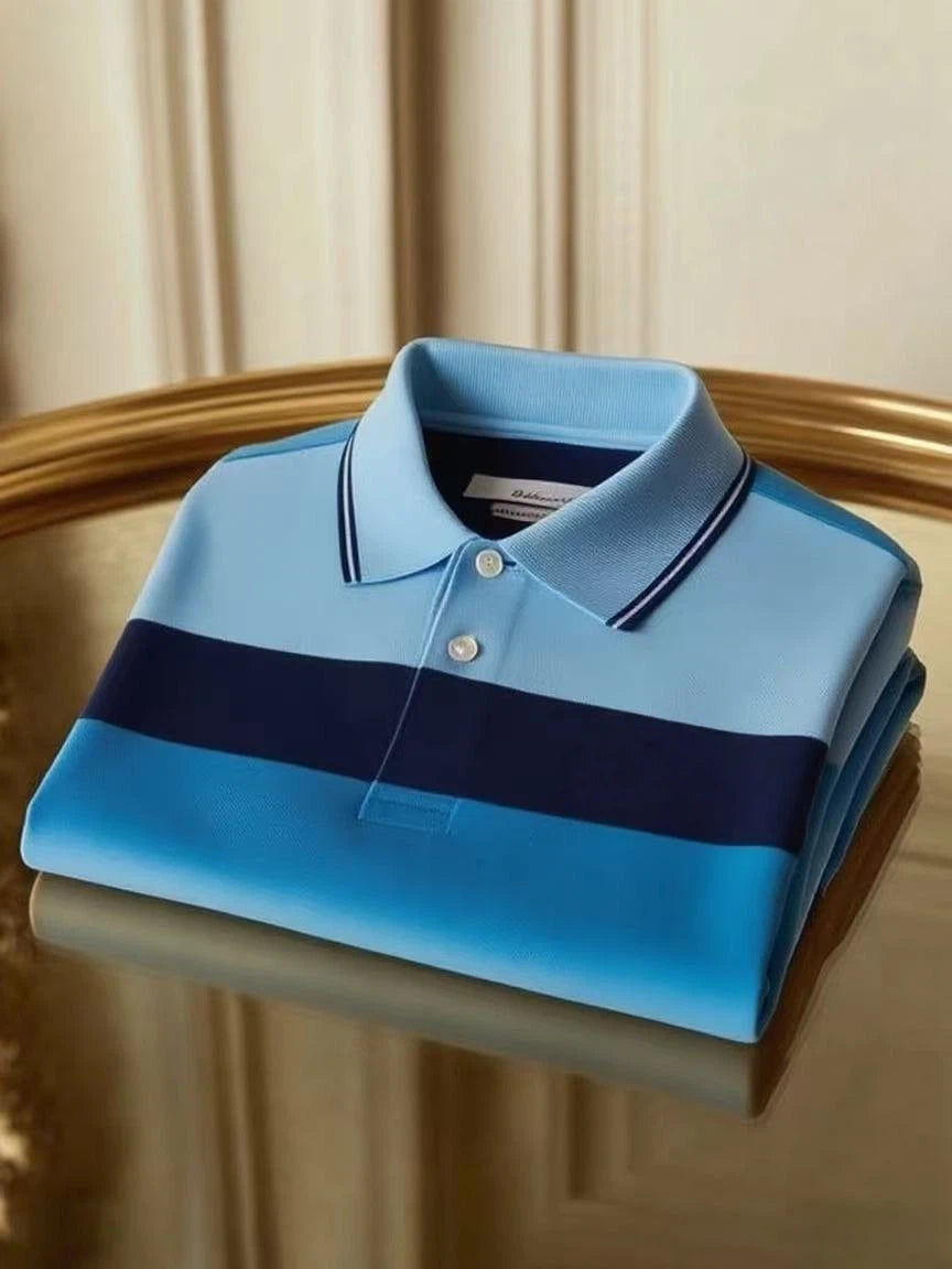 Men's Business Casual Color Block Stripe Logo Button Short Sleeve Polo Shirt