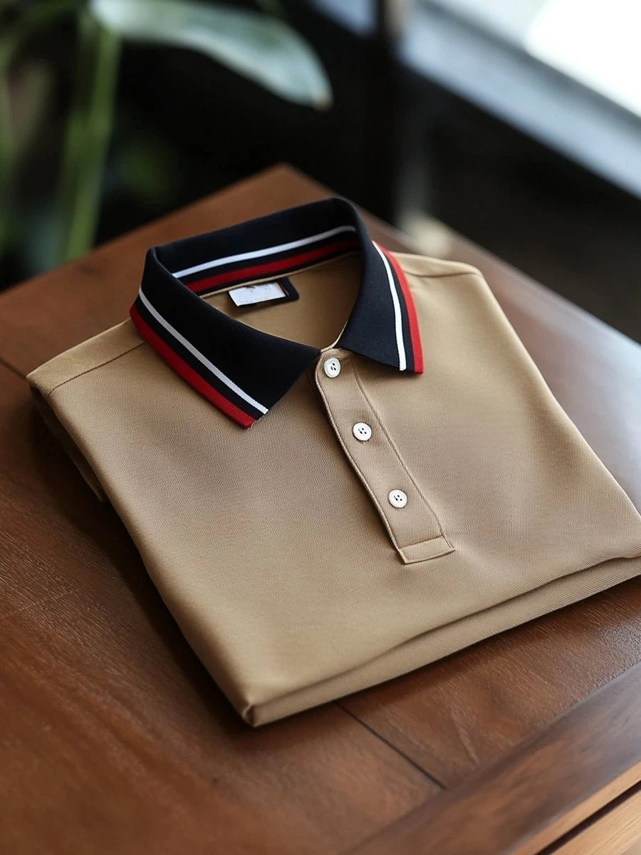 Men's Business Casual Khaki Logo Button Short Sleeve Polo Shirt