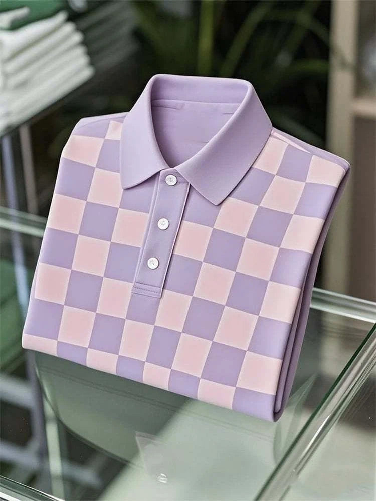 Men's Business Casual Checkerboard Logo Button Short Sleeve Polo Shirt