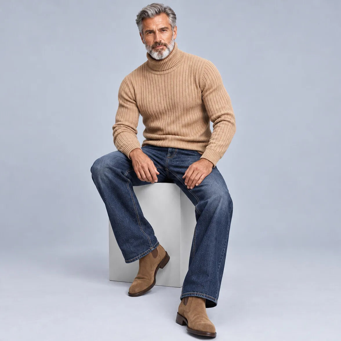 Men's Casual Solid Color Turtleneck Ribbed Knit Slim-Fit Pullover Sweater
