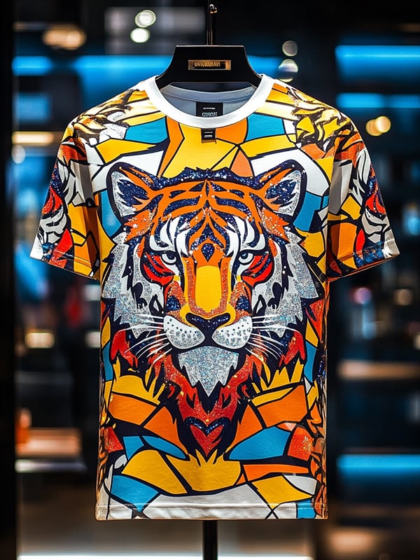 Men's Tiger Sequin Business Print Short Sleeve T-Shirt