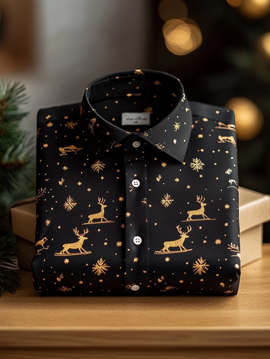 Men's Business Retro Christmas Elk Snowflake Print Long Sleeve Shirt