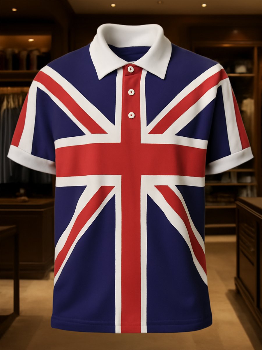 Men's Business Casual Union Jack Button Short Sleeve Polo Shirt
