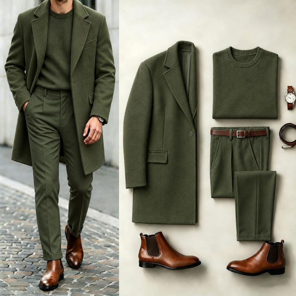 Men's Army Green Solid-Color Suit Set: Coat, Knit Sweater, and Dress Pants