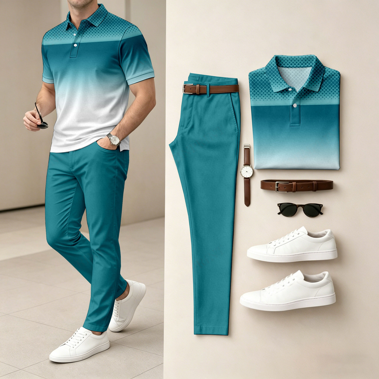 Men's Casual Gradient Printed Polo Shirt And Pants Two-Piece Set