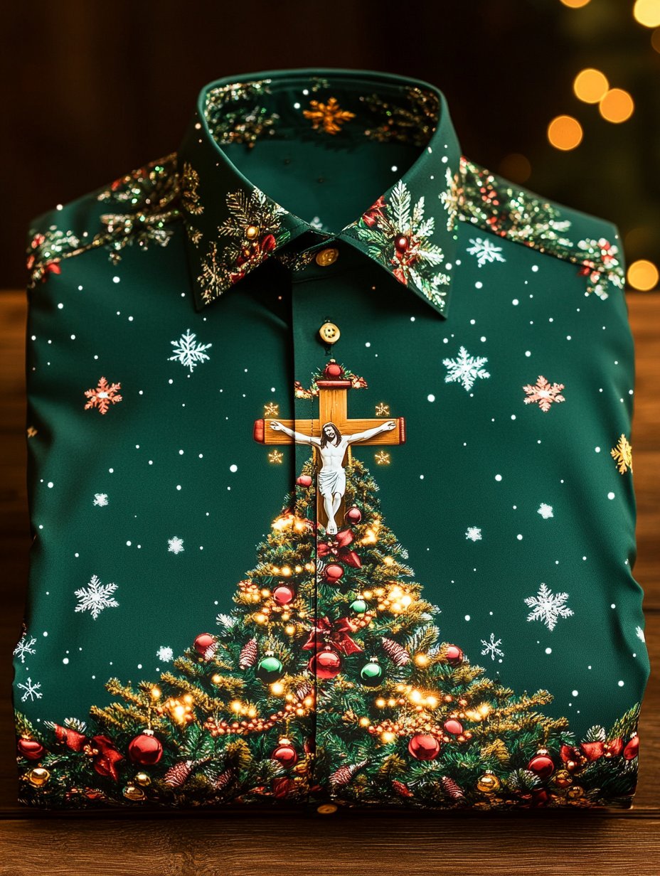 Men's Business Christmas Jesus and Christmas Tree Print Long-Sleeve Shirt