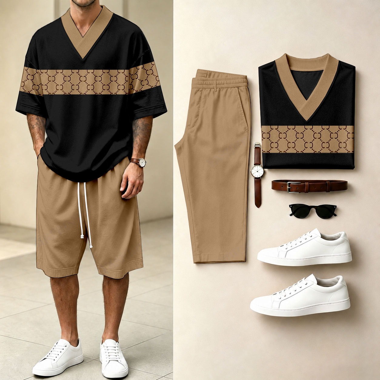 Men's Casual All-Over Jacquard And Patchwork Print V-Neck Short-Sleeve T-Shirt And Shorts Two-Piece Set