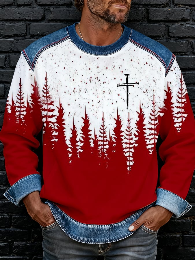 Men's Christmas Faith Print Patchwork Round Neck Casual Sweatshirt