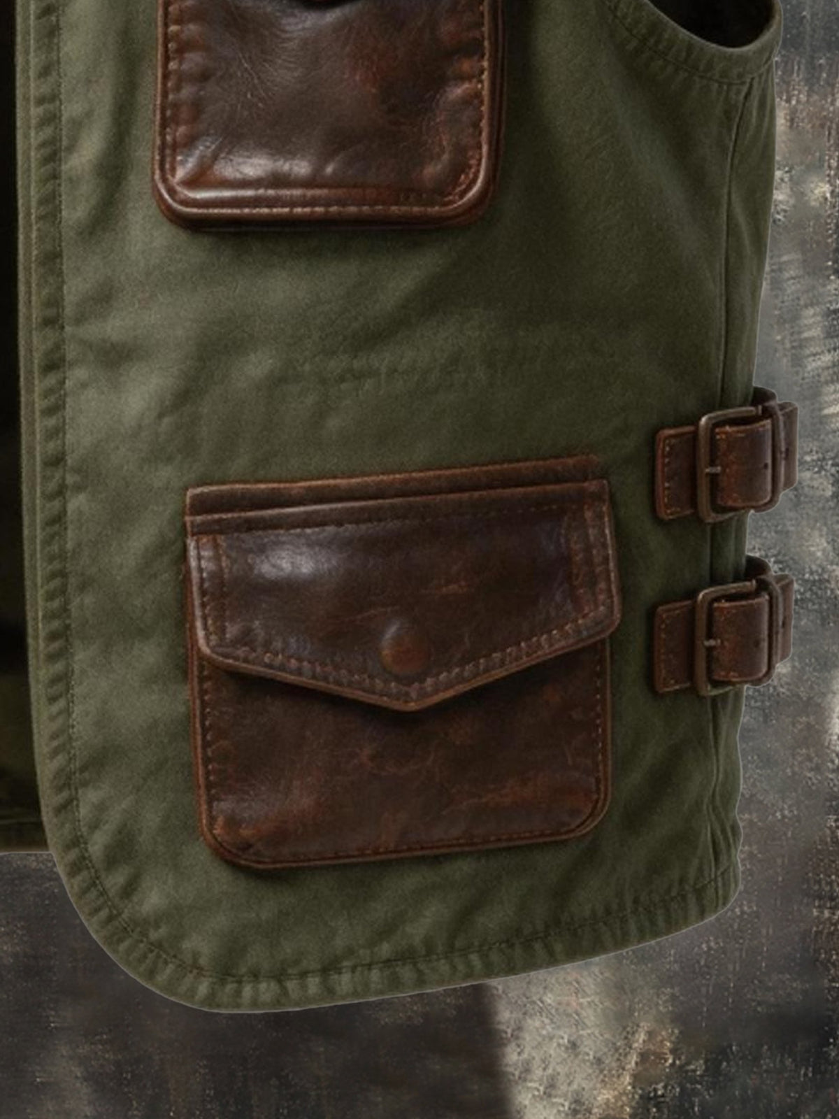 Men's Vintage Leather-Panel Multi-Pocket Utility Vest