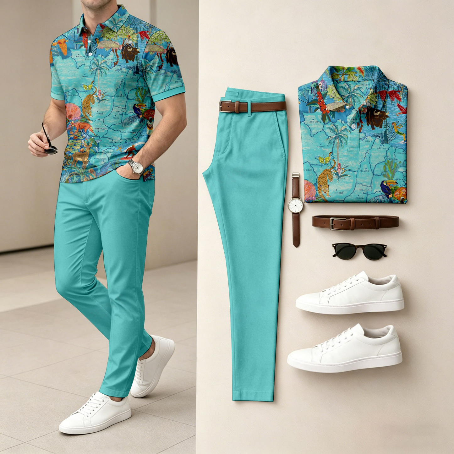 Men's Casual Tropical Jungle-Themed Printed Short-Sleeve Polo Shirt And Pants Set (Excludes Accessories Such As Watches And Belts)