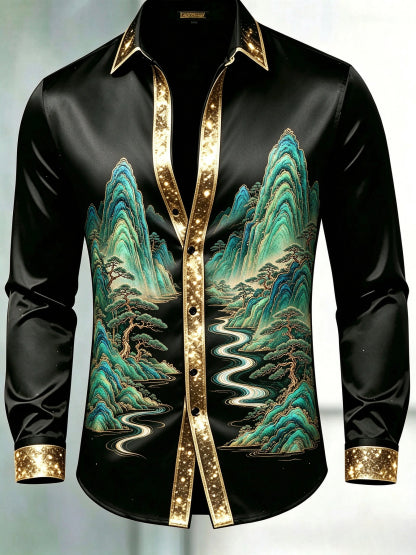 Men's Black & Gold Glitter Trim Chinese Green Landscape Dress Shirt