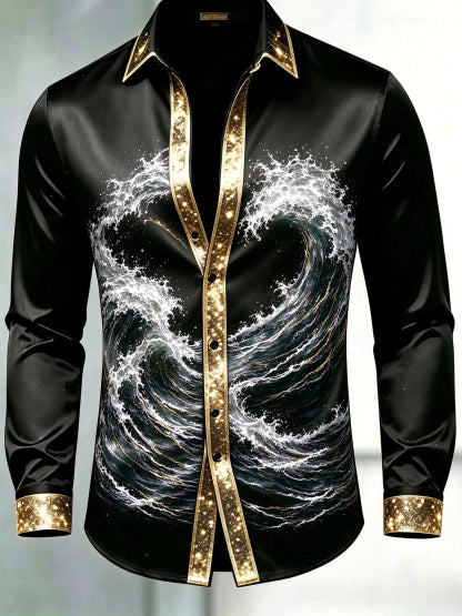 Men's Black & Gold Glitter Trim Japanese Wave Dress Shirt