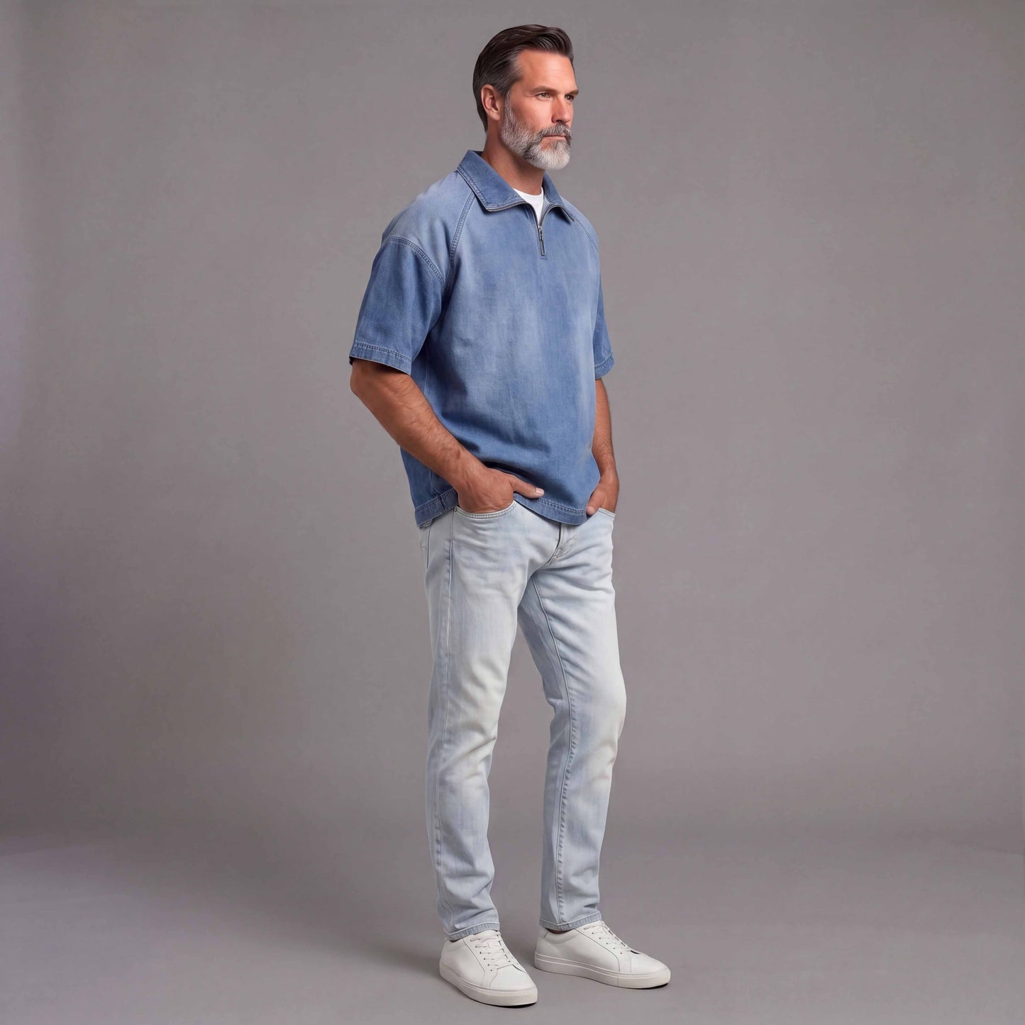 Men's Distressed Denim Short-Sleeve Shirt With Zipper Collar