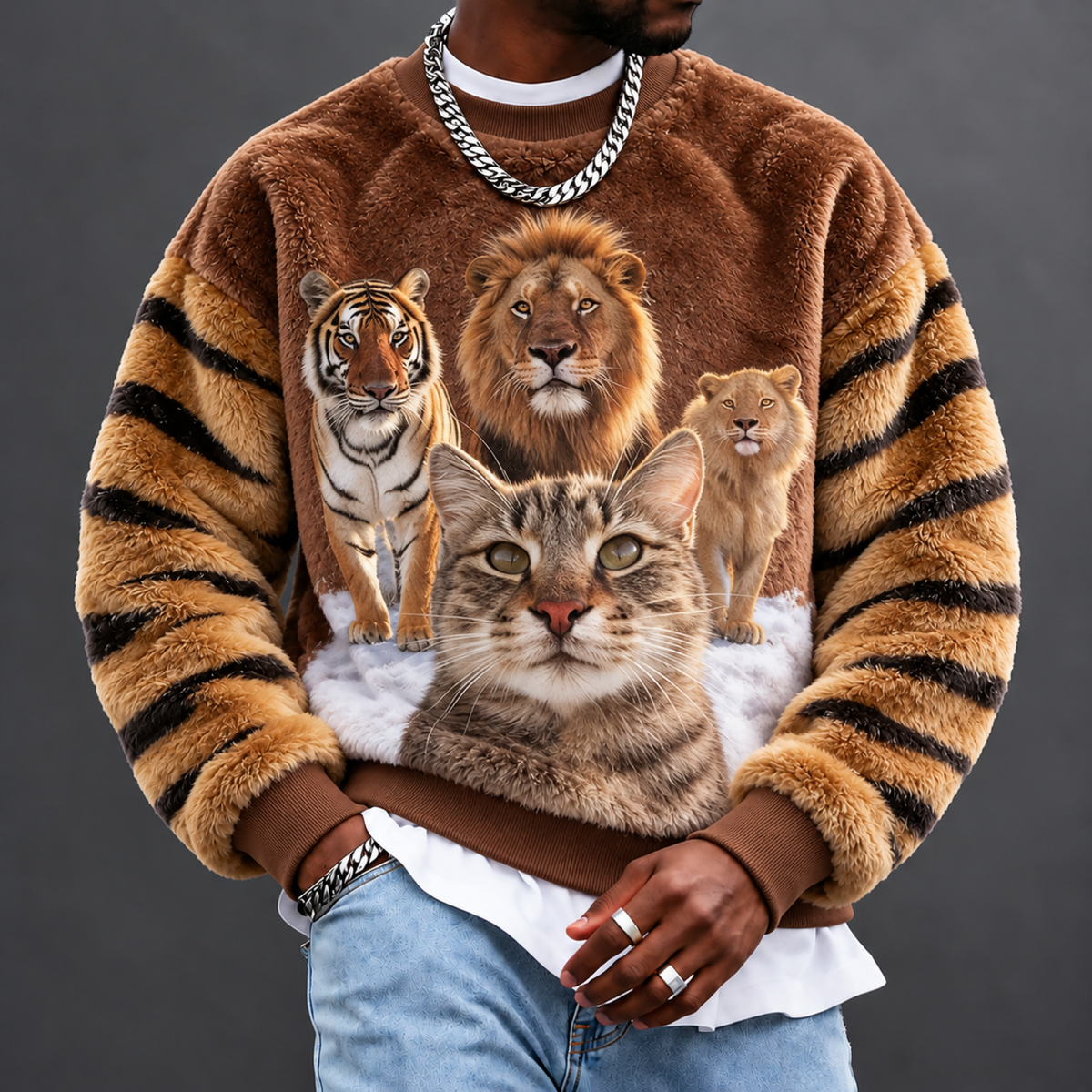 Men's Big Cat Family Plush Crewneck Sweatshirt