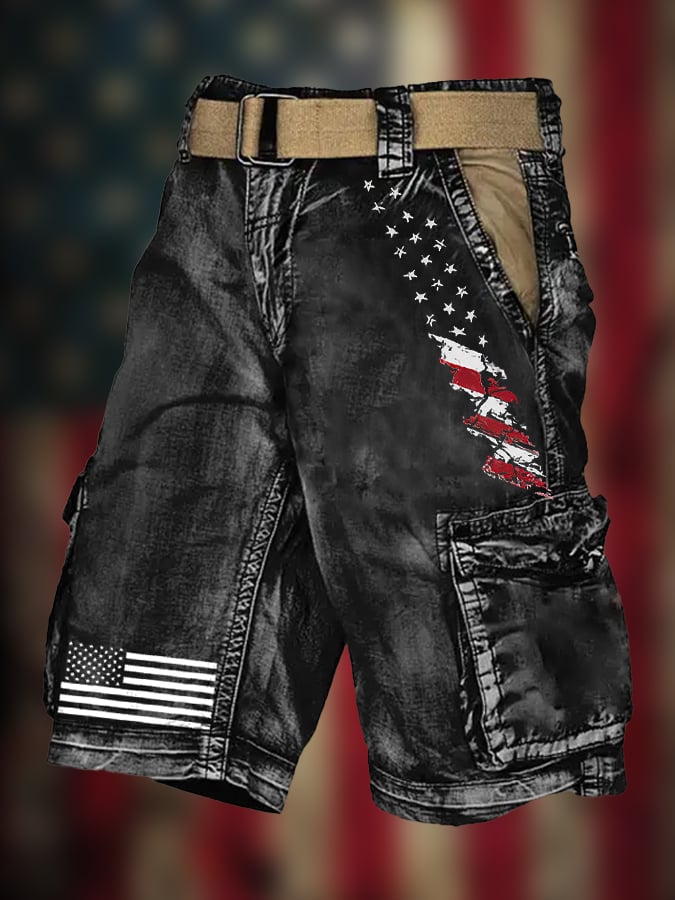 Men's Independence Day Flag Multi-Pocket Washed Distressed Cargo Denim Shorts (Belt Not Included)