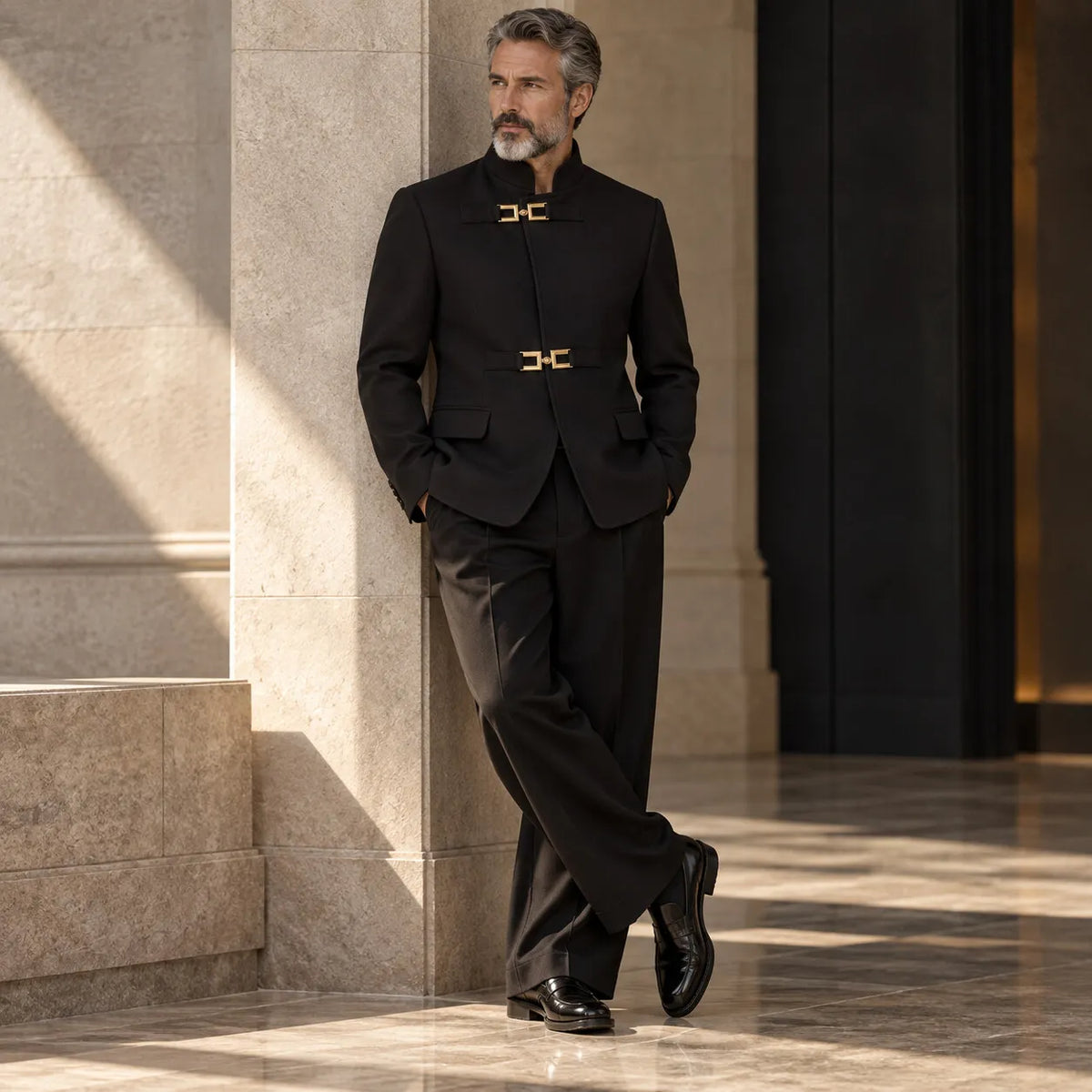 Men's Black Stand Collar Gold Metal Buckle Slim Fit Semi Formal Jacket