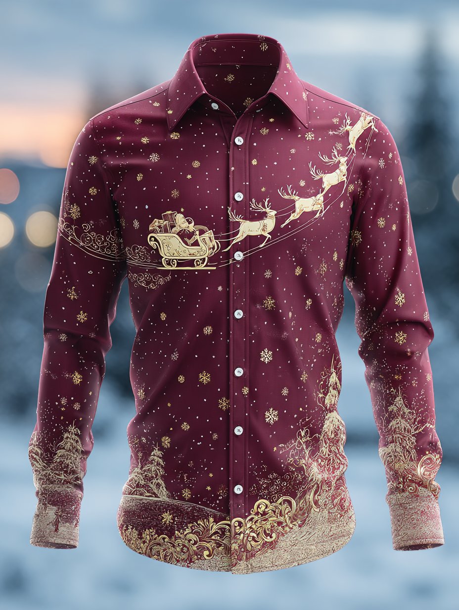 Men's Business Luxury Retro Christmas Sleigh Elk Evergreen Pine Snowflake Long Sleeve Shirt