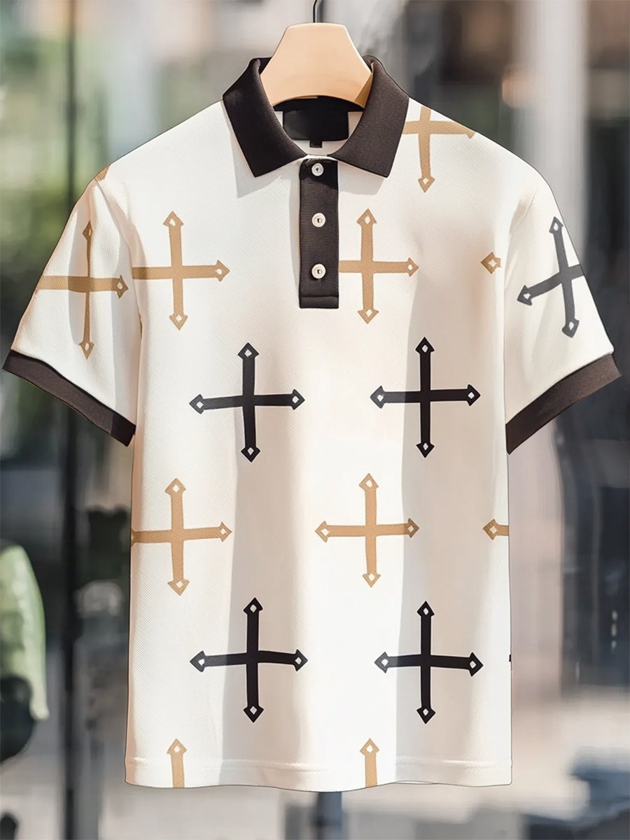 Men's Business Casual Cross Faith Button Short Sleeve Polo Shirt