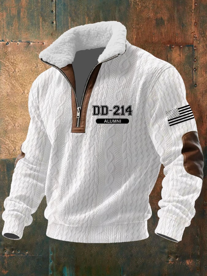 Men'S Casual Veteran Jacquard Zipper Fur Collar Long Sleeve Sweatshirt
