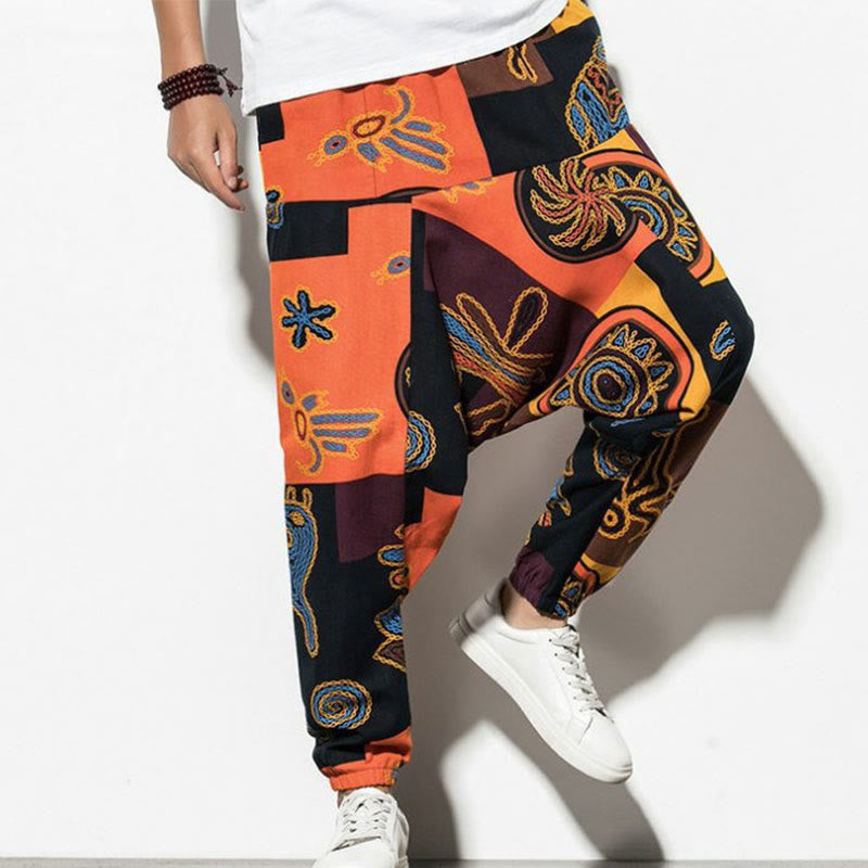 Buddha Stones Red Brown Graffiti Bird Print Men's Harem Pants With Pockets