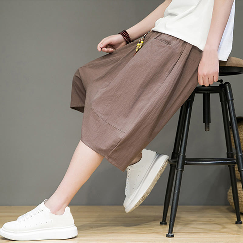 Buddha Stones Casual Drawstring Cotton Linen Men's Capri Harem Pants With Pockets