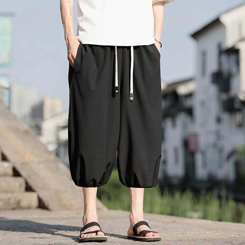 Buddha Stones Solid Drawstring Men's Capri Cropped Harem Pants With Pockets