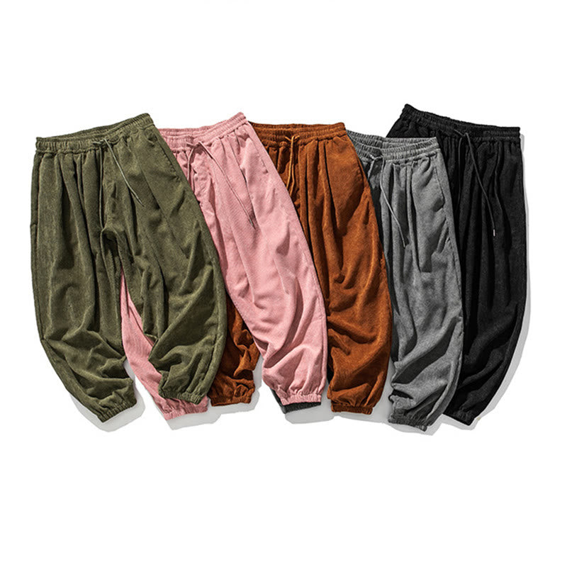 Buddha Stones Casual Pure Color Men's Drawstring Corduroy Harem Ankle-Length Pants With Pockets