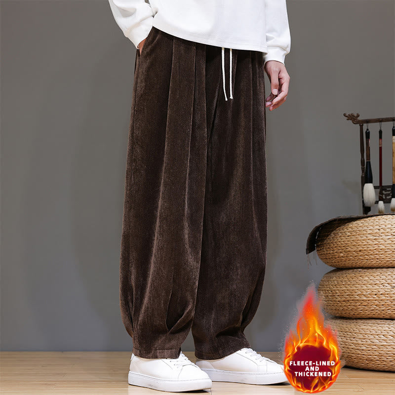 Buddha Stones Winter Pure Color Cotton Men's Harem Thickened Fleece-lined Pants With Pockets