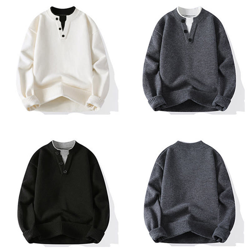 Buddha Stones Winter Buttons Crew Neck Design Warm Men's Long Sleeve Knitted Sweater