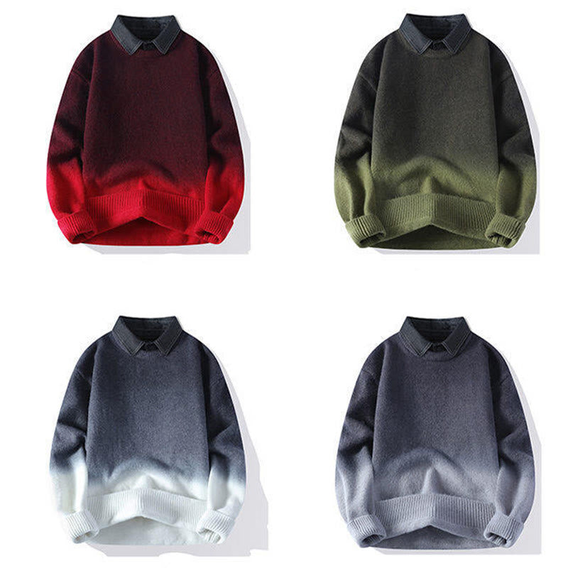 Buddha Stones Winter Stand Collar Gradient Color Design Warm Men's Long Sleeve Knitted Sweater