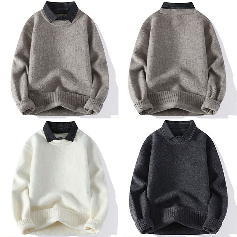 Buddha Stones Winter Black Stand Collar Plaid Pattern Warm Men's Long Sleeve Knitted Sweater