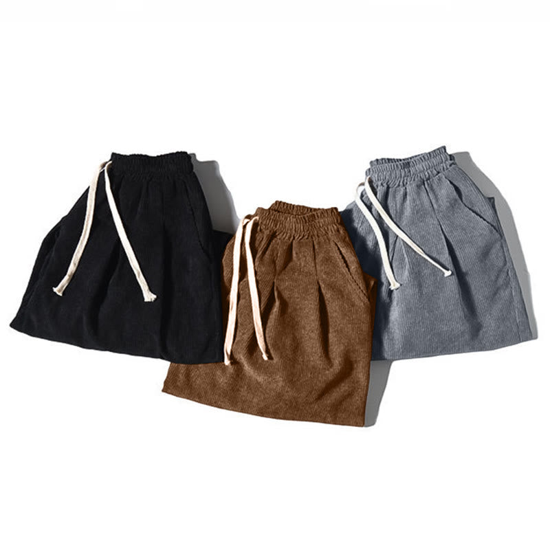 Buddha Stones Retro Men's Plain Fleece-Lined Corduroy Simple Design Harem Pants With Pockets