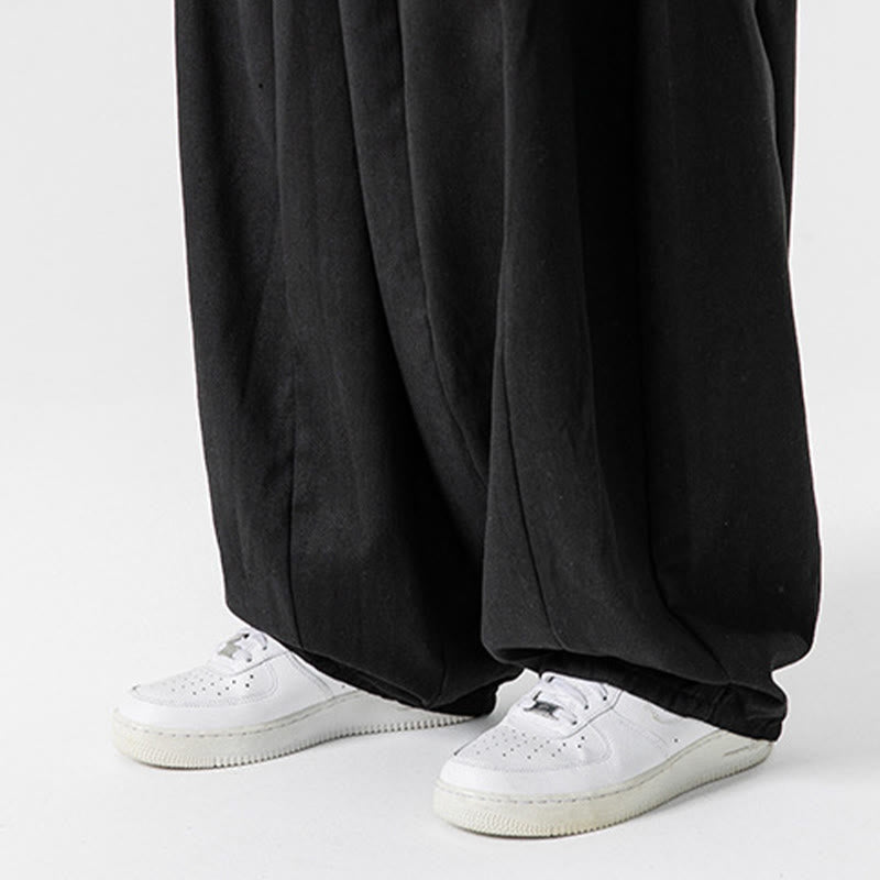 Buddha Stones Winter Commute Plain Drawstring Design Men's Wide Leg Cotton Pants With Pockets