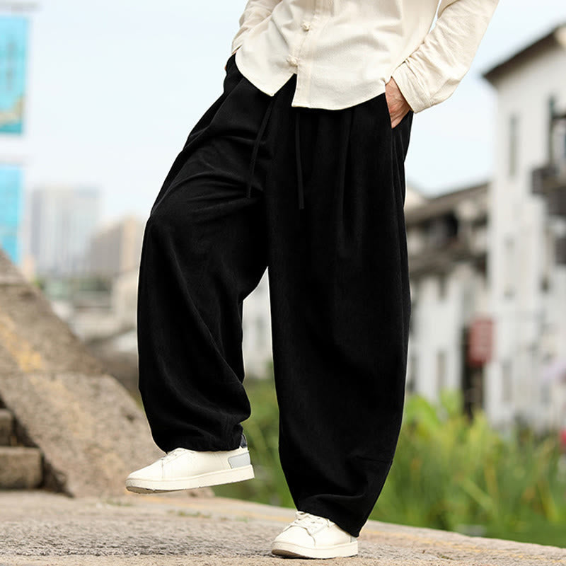 Buddha Stones Fall Solid Elastic Waist Drawstring Men's Harem Pants With Pockets