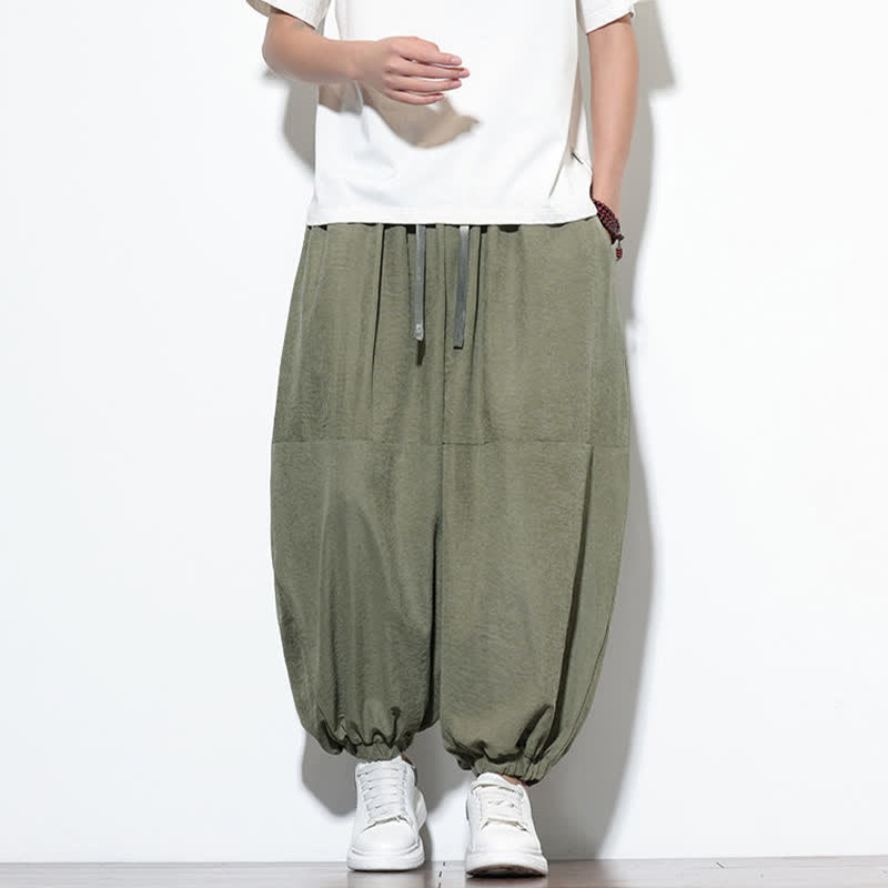 Buddha Stones Spring Solid Color Drawstring Cropped Men's Harem Cotton Pants With Pockets