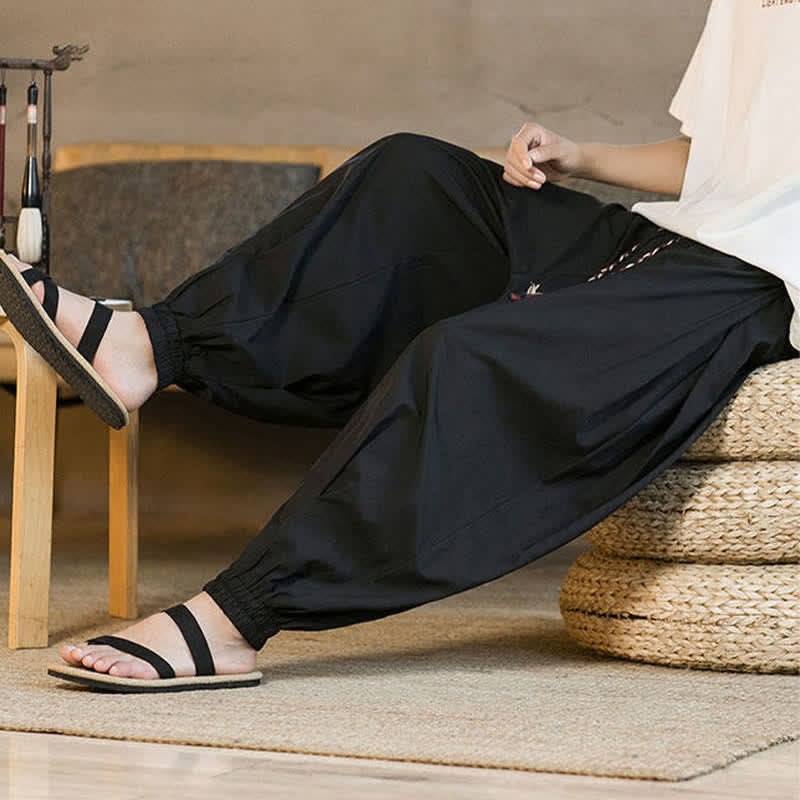 Buddha Stones Summer Casual Drawstring Elastic Hem Solid Men's Harem Pants With Pockets