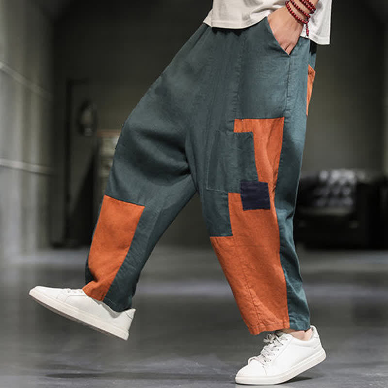 Buddha Stones Spring Casual Color Block Cotton Linen Cropped Men's Harem Pants With Pockets