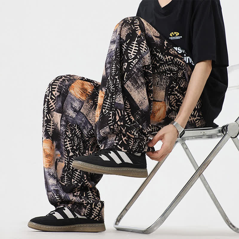 Buddha Stones Spring Summer Boho Casual Drawstring Abstract Long Pants Men's Harem Pants With Pocket
