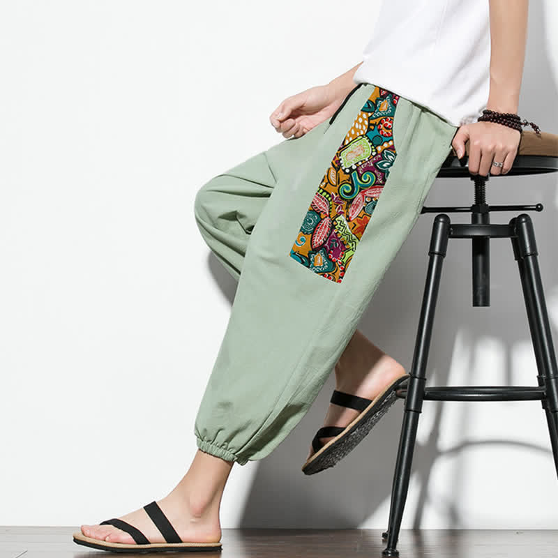 Buddha Stones Summer Casual Boho Drawstring Abstract Capri Pants Men's Harem Pants With Pocket