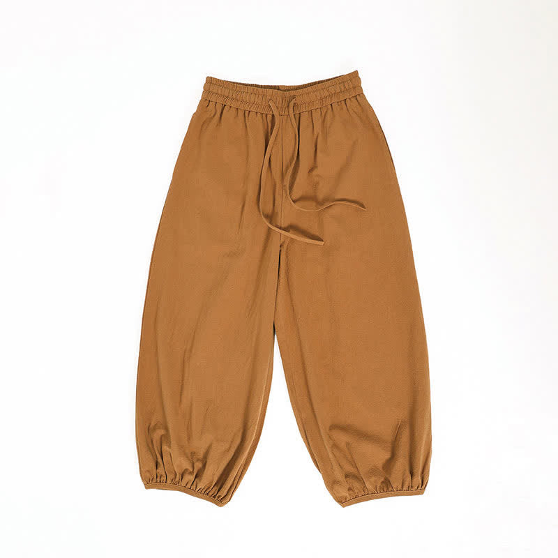 Buddha Stones Summer Tang Style Casual Drawstring Solid Cropped Pants Men's Harem Pants With Pockets