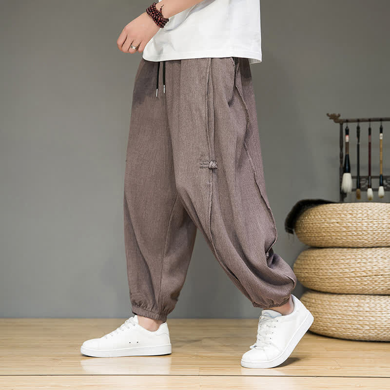 Buddha Stones Summer Casual Minimalist Drawstring Solid Cropped Pants Men's Harem Pants With Pocket