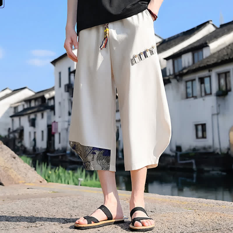 Buddha Stones Summer Casual Vintage Drawstring Floral Capri Pants Men's Harem Pants With Pocket