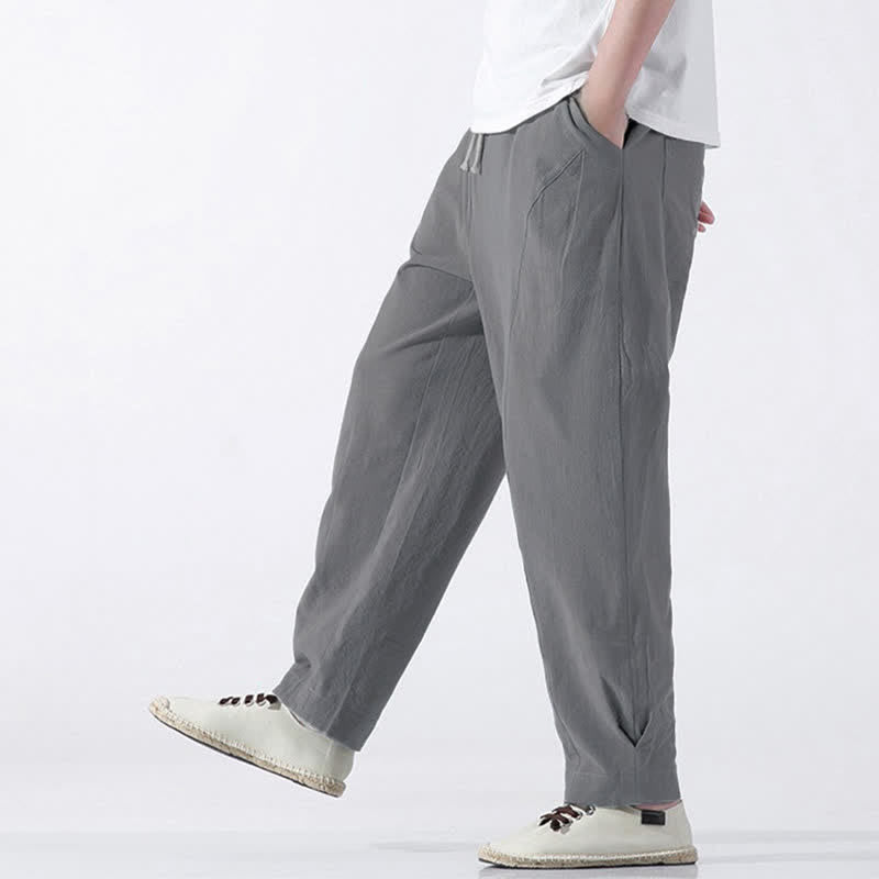 Buddha Stones Summer Casual Minimalist Drawstring Solid Cotton Cropped Pants Men's Harem Pants With Pocket