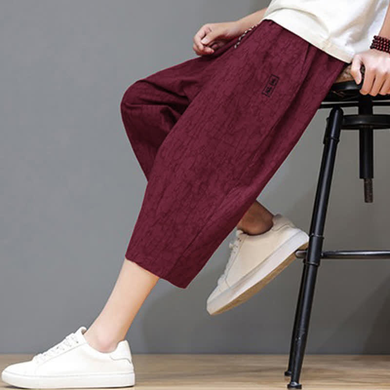 Buddha Stones Summer Casual Vintage Drawstring Abstract Men's Cropped Pants With Pockets