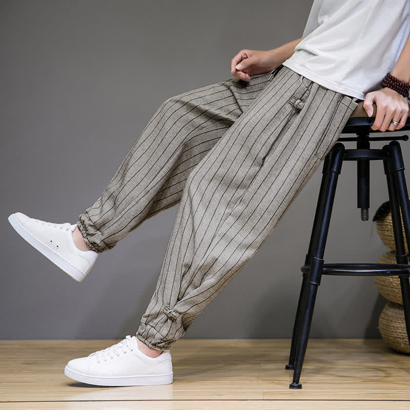 Buddha Stones Summer Casual Drawstring Striped Cropped Pants Men's Harem Pants With Pockets
