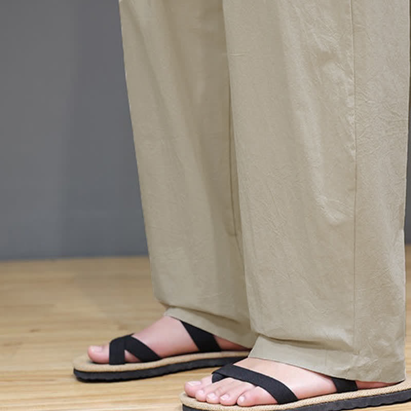 Buddha Stones Summer Casual Vintage Drawstring Solid Cotton Ankle Pants Men's Harem Pants With Pocket