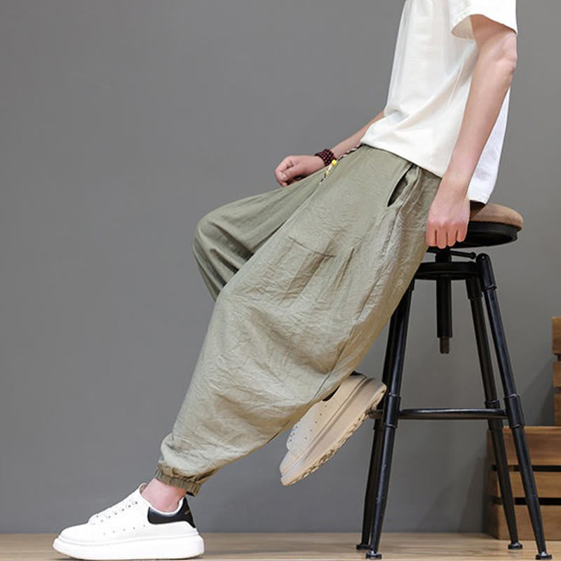 Buddha Stones Summer Casual Vintage Drawstring Solid Cotton Cropped Pants Men's Harem Pants With Pocket