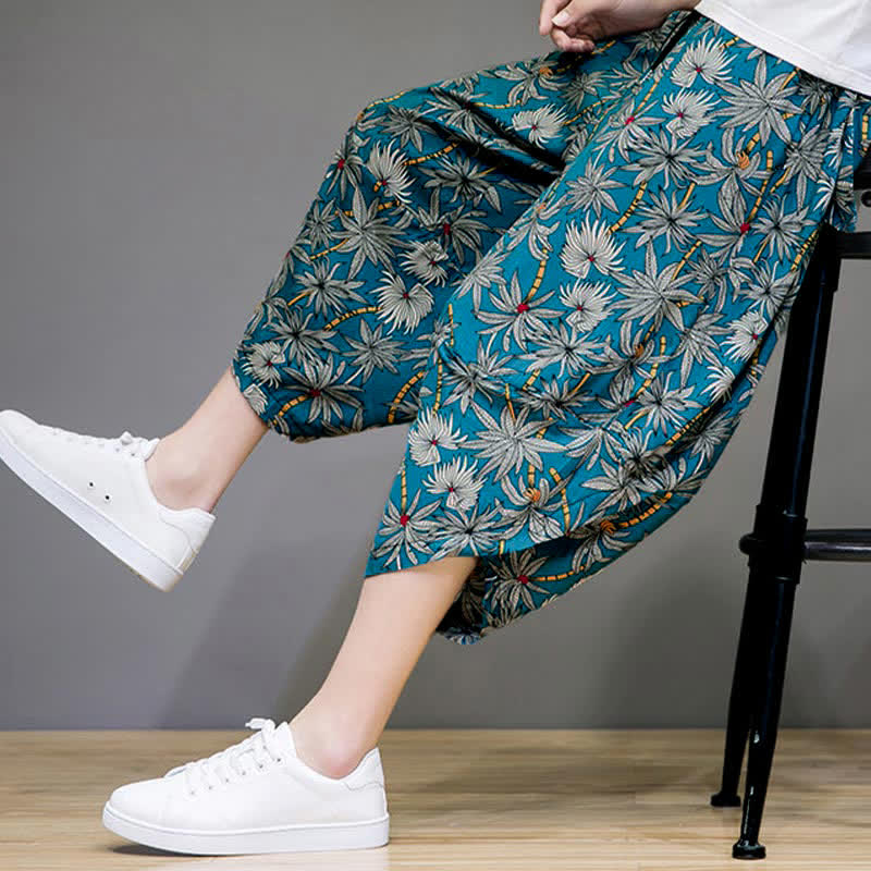 Buddha Stones Summer Boho Casual Drawstring Floral Capri Pants Men's Harem Pants With Pocket